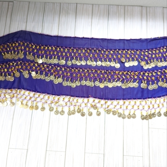 Chiffon Beaded Three Row Coin Festival Belt Scarf Wrap in Purple and Gold - Picture 6 of 14